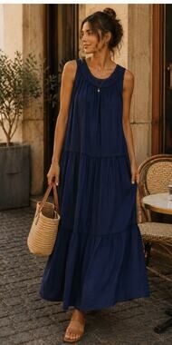 WYSE London Navy Cotton Tiered Midi Dress Sleeveless Pockets Boho Size 4